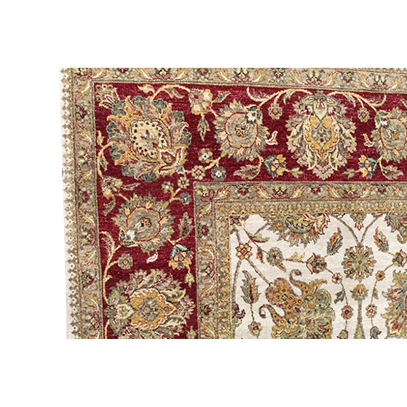 Tapis ivoire et rouge noué à la main de haute qualité, Rectangle 8 pi 10 po x 12 pi
