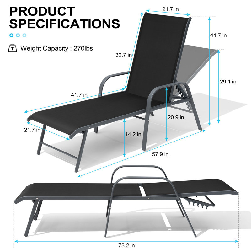 Aluminum Reclining Chaise Lounge (Set of 4), Gray, Black