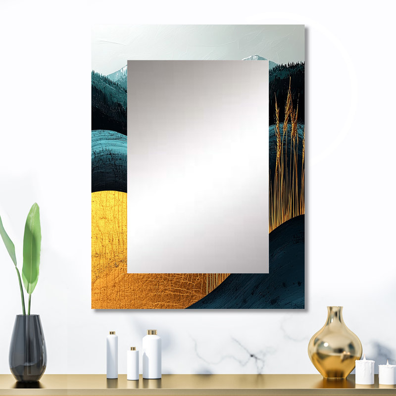 Quiet Bold Mountain In Emerald Gold Harmony IV - Mountains Wall Mirror, Traditional Decorative Mirror, Printed Metal Art