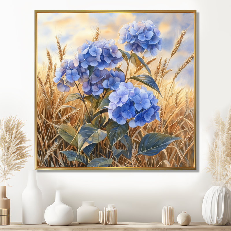 Paysage d'hortensias dans le champ de blé II - hydrangées, art mural, H 16 po x l 16 po, Impression encadrée flottante, Doré