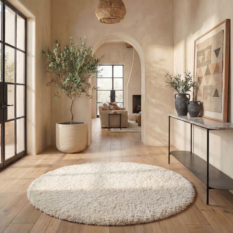 Brittney Performance solid color shag rug, Ivory, Rond 5 pi 3 po