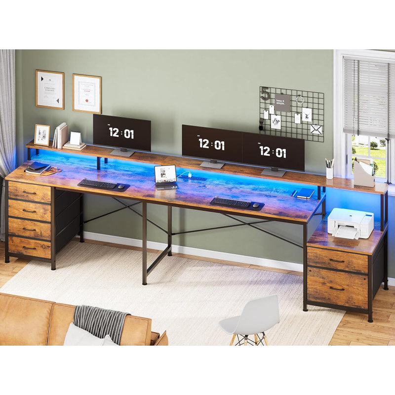 Rockville 108.2'' W L-Shaped Computer Desk with Drawers and Power Outlets, Rustic Brown/Black