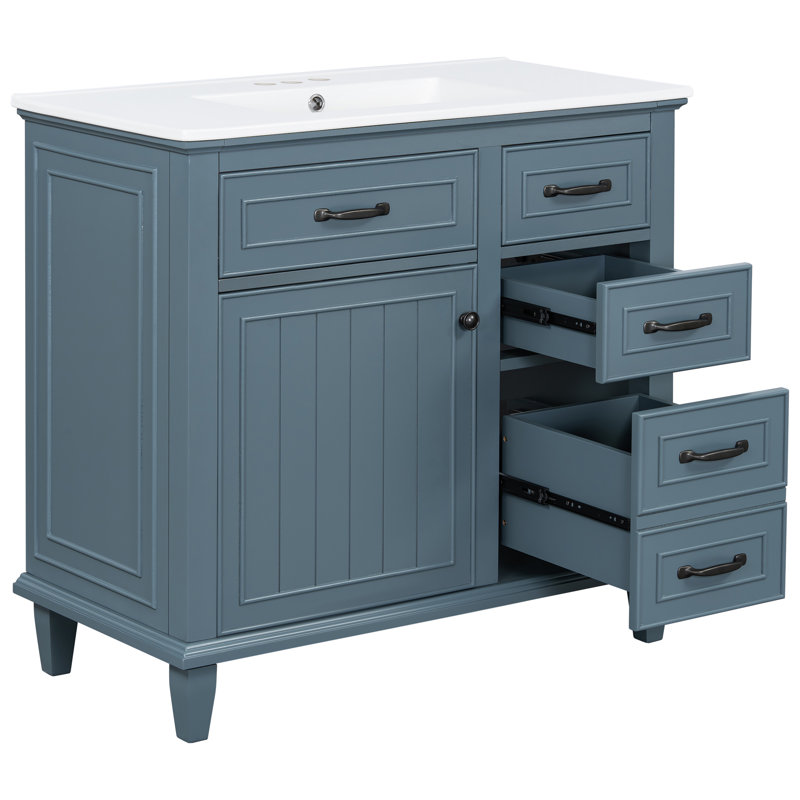 Kestrel 36-Inch Freestanding Bathroom Vanity with Ceramic Sink Top and Solid Poplar Wood Frame, Blue Gray