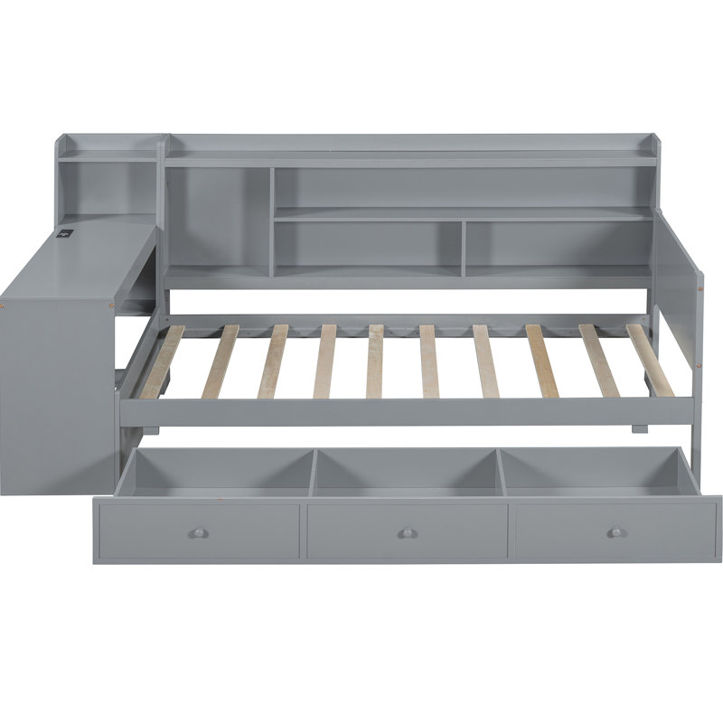 Lit de jour simple avec 3 tiroirs, ports de charge de bureau en gris - Fabrication en pin robuste pour le style de la chambre à coucher