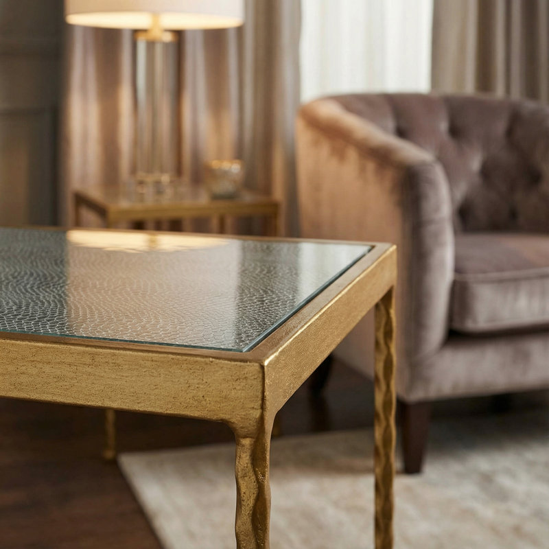Paolina Square Accent Table Painted Gold, Glass Snakeskin Top