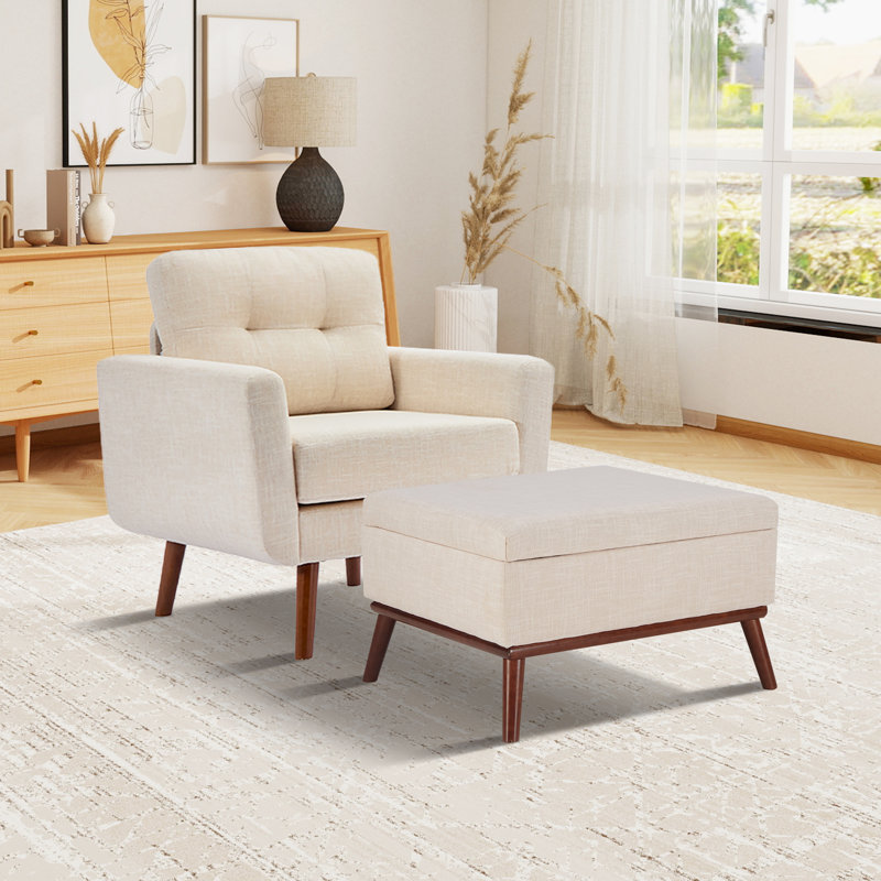 Upholstered Linen Accent Chair with Storage Ottoman Living Room Set, Beige