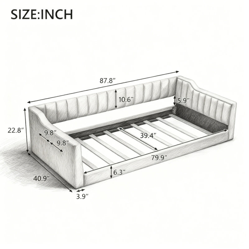 Upholstery Daybed and Side Storage pocket, Beige, Extra-Long Twin