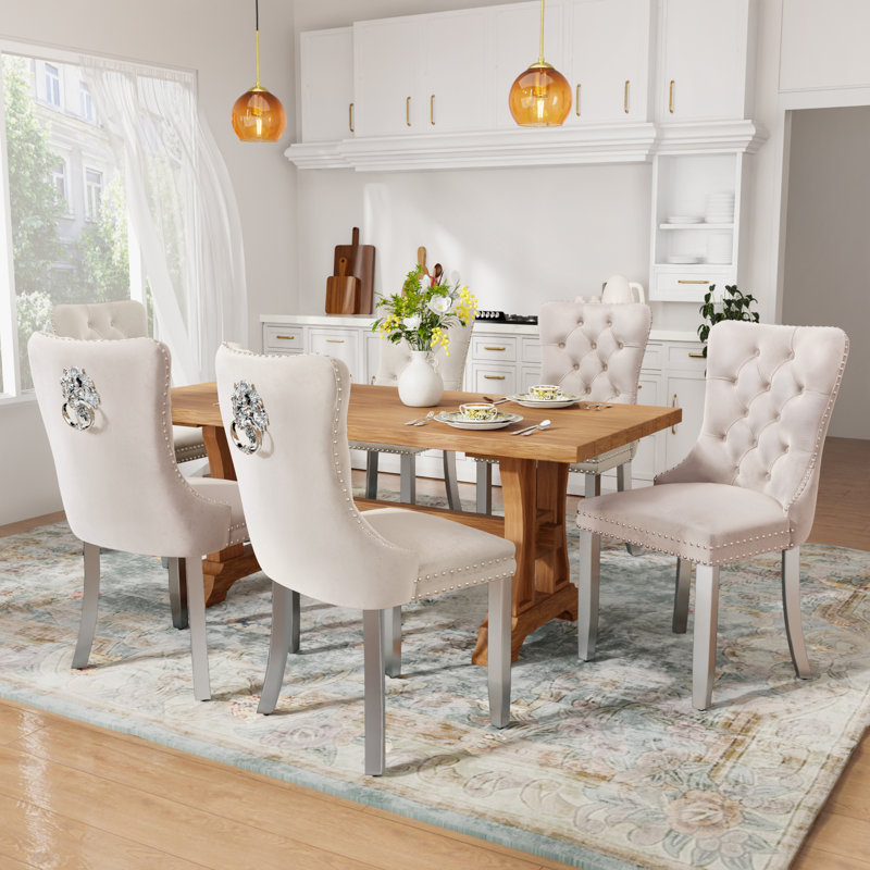 Modern Metal Nailheads Velvet Upholstered Dining Chairs (Set of 6), Beige