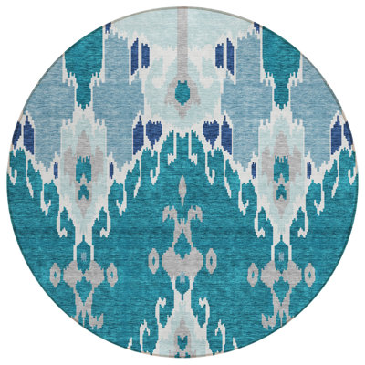 Tapis rond lavable intérieur ikat bleu sarcelle bleu marine et gris HomeRoots
