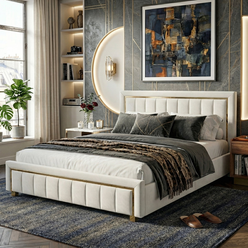 UK & EU Velvet Ottoman Bed with Fluted Gold-Trim Headboard, Luxury Gas-Lift Storage Bed, Beige/Black, Beige