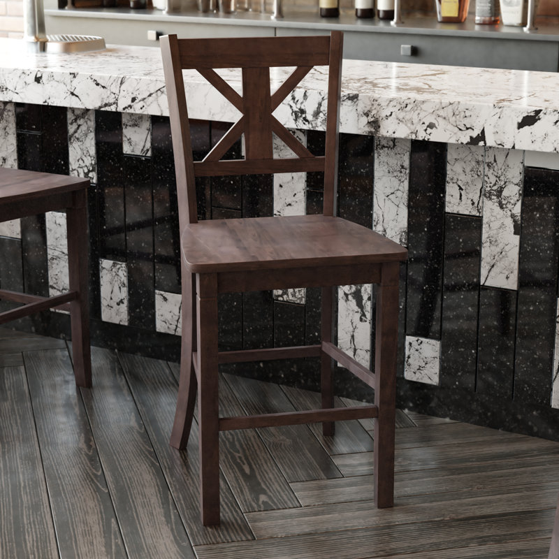 Commercial Grade Solid Wood Modern Farmhouse Cross Back Dining Stool with Footrest, Counter Stool (24" Seat Height), Brown, 2