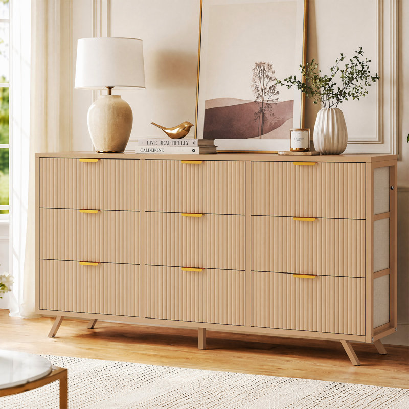 57" W Modern 9 Drawer Dresser with Fluted Fabric Drawers, Wood Top and Anti-Tipping Device, Wood