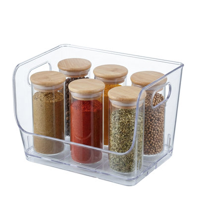 Basicwise 7-inch Open-front Clear Storage Bin With Easy-grip Handle Stackable Transparent Plastic Organizer Container For Pantry Cabinet Refrigerator Drawers Closets And Shelf Organization, Small