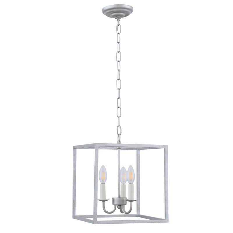 Luminaire suspendu carré 3 lumières lanterne Tarbox, Argent rétro