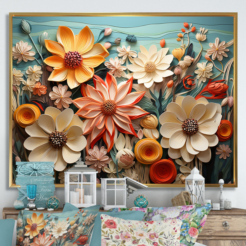 Motif floral vibrant oasis - impression, Cadre flottant doré, H 30 po x l 40 po x P 1,5 po