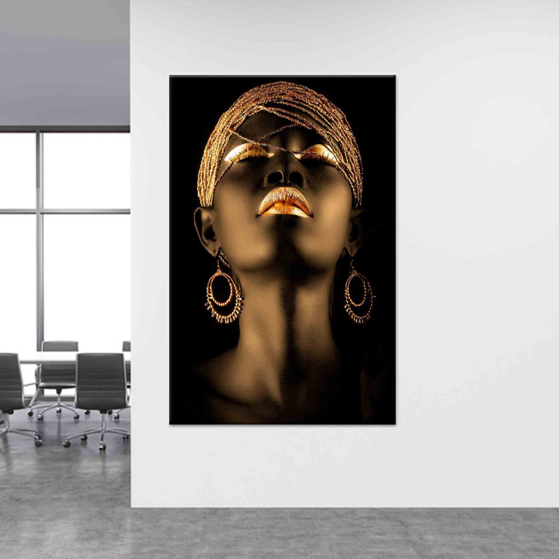 Élégante œuvre d'art sur toile à lèvres dorées, décor vibrant, toile noire encadrée 1P, 31,6 po H x 23,7 po l