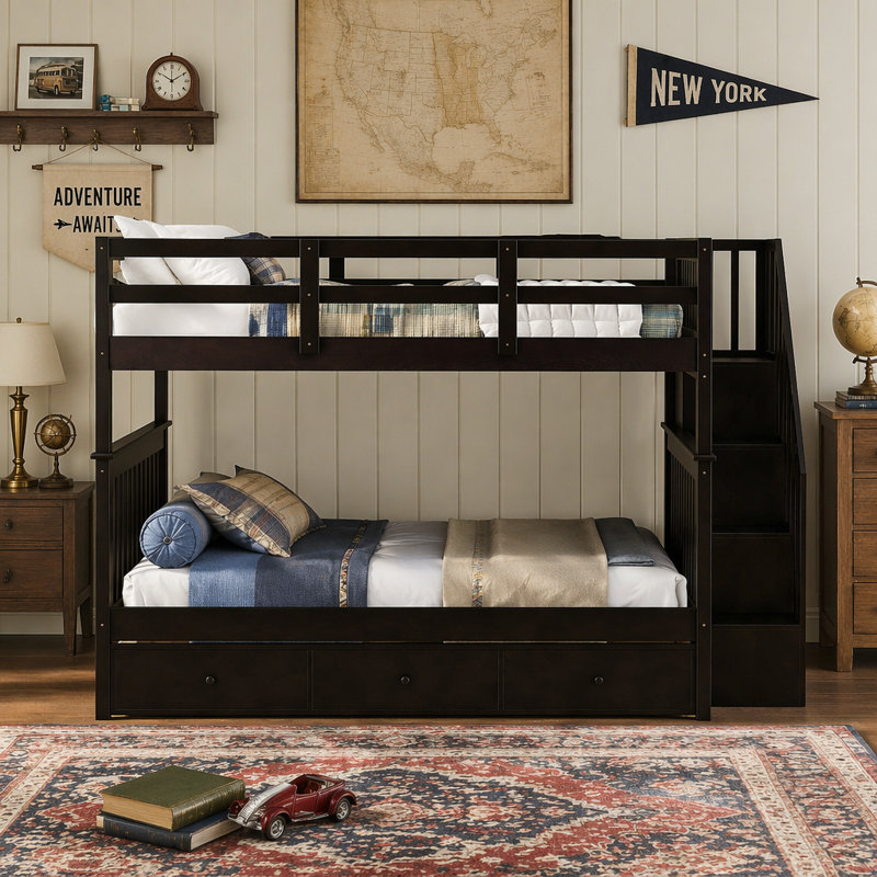 Lit superposé double avec tiroir, garde-corps et garde-robe pour chambre à coucher Stairway, espresso