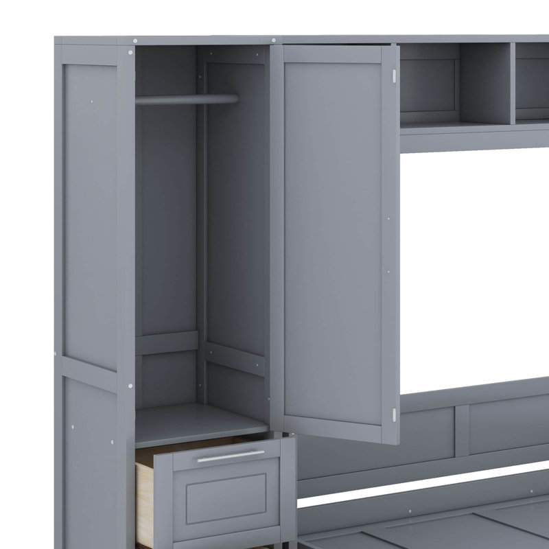 Grand lit escamotable avec placard et tiroirs, Gris