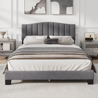 Modern Upholstered Bed Frame Queen Size Platform Bed with Wooden Slat Support
