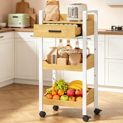 Chariot de rangement à 3 niveaux avec tiroir, chariot mobile sur roulettes, organisateur de cuisine à cadre en métal avec tiroir en bois et poignées latérales, tablette de rangement mince pour petits espaces, bureau, salle de bain, chêne beige