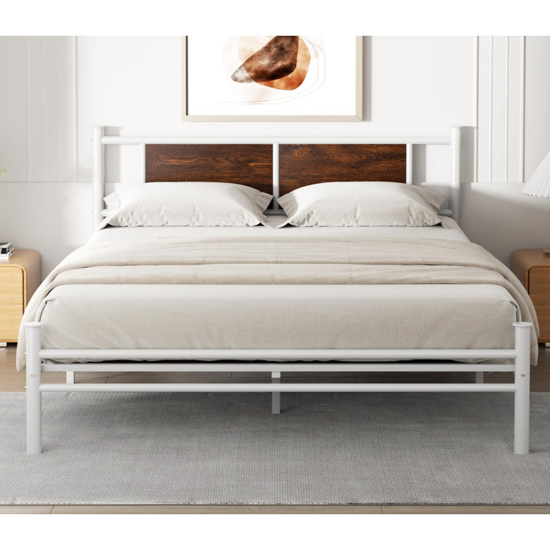 Queen Size White Metal Platform Bed with Rustic Wood Headboard