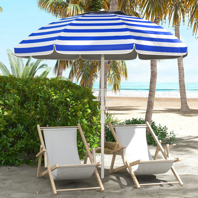 Parasol de plage avec mécanisme réglable et fonction d'inclinaison, auvent protégé 40+, 2 porte-gobelets et crochets, parasol à auvent à rayures bleues et blanches, protection, auvent ventilé
