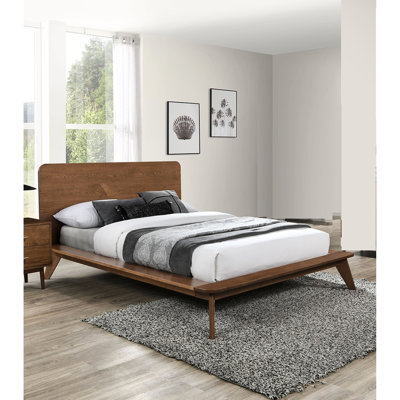 Walnut Solid Wood Eastern King Mid - Century Platform Bed, Panel Headboard, Tapered Legs, Ready For Mattress Arrangement In Bedroom Size Suitable
