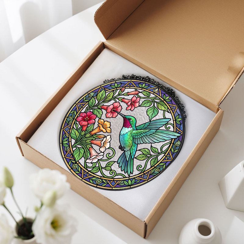 Panneau de vitrail en forme de colibri fleurs vitrail - H 7,8 H, H 7,8 po