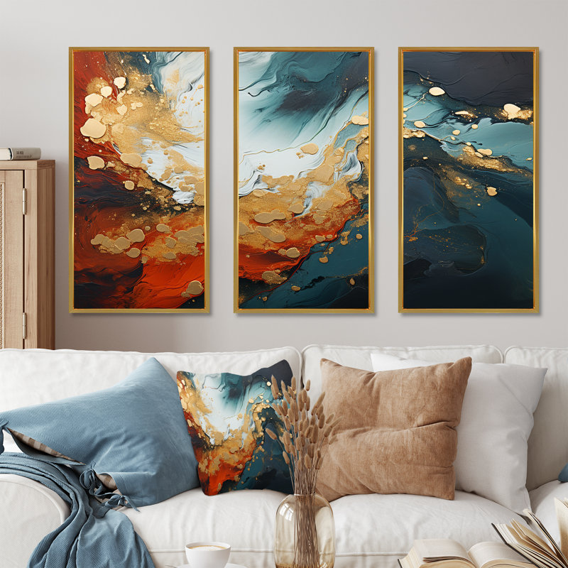 Tempête de marbre bleu et doré IV - art mural abstrait, Cadre flottant doré, H 32 po x l 48 po x P 1 po