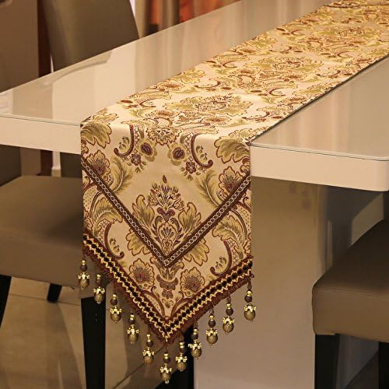 Home Tablecover Bead Luxurious Cotton Linen Velvet 3D Relief Embroidered Floral Pattern Table Runner 13x83 In (Beige)