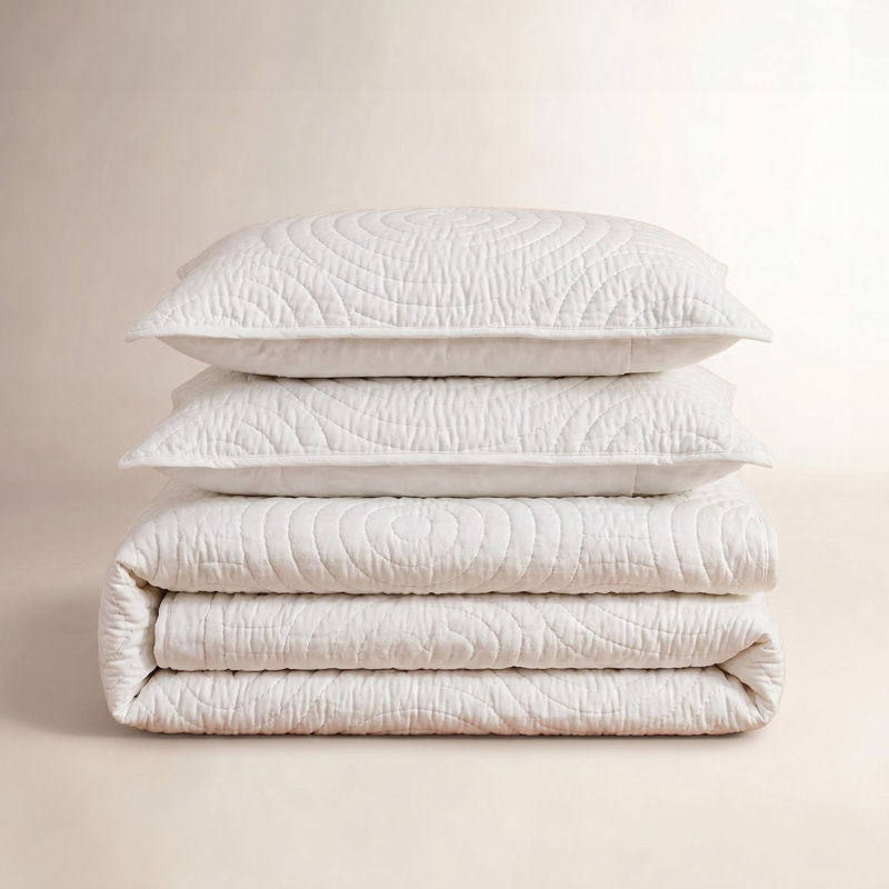 Lenora Cotton Circle Hand Stitch Voile Quilt Set, King  Quilt + 2 King Shams, White Geometric