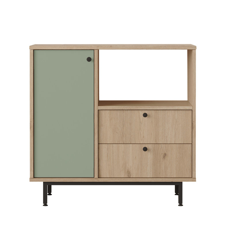 Colesen Modern Multi-Purpose Cabinet, Oak & Green, 34.6 x 33.5 x 14.0 inches | 100% Melamine Coated Particle Board, Thickness: 0.7 inches | Metal Legs, Wall-Mountable, Numerous Shelves | Scandinavian Design for Stylish Storage