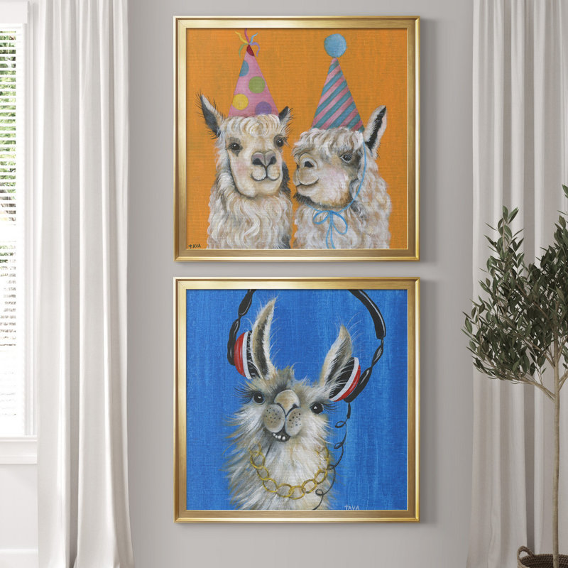 Llama Party - ensemble de 2 reproductions d'art graphique, H 34,5 po x l 69 po x P 1,5 po, Toile encadrée dorée, Pas de tapis