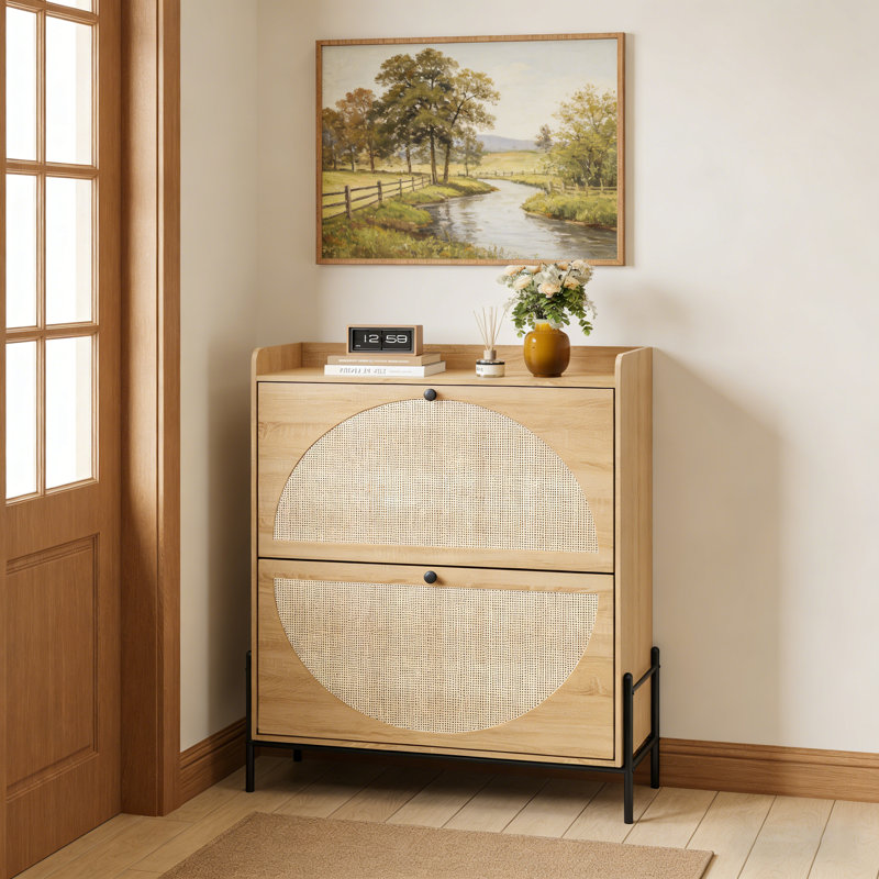 Rattan Shoe Storage Cabinet with 2 Flip Drawers for Entryway, Brown