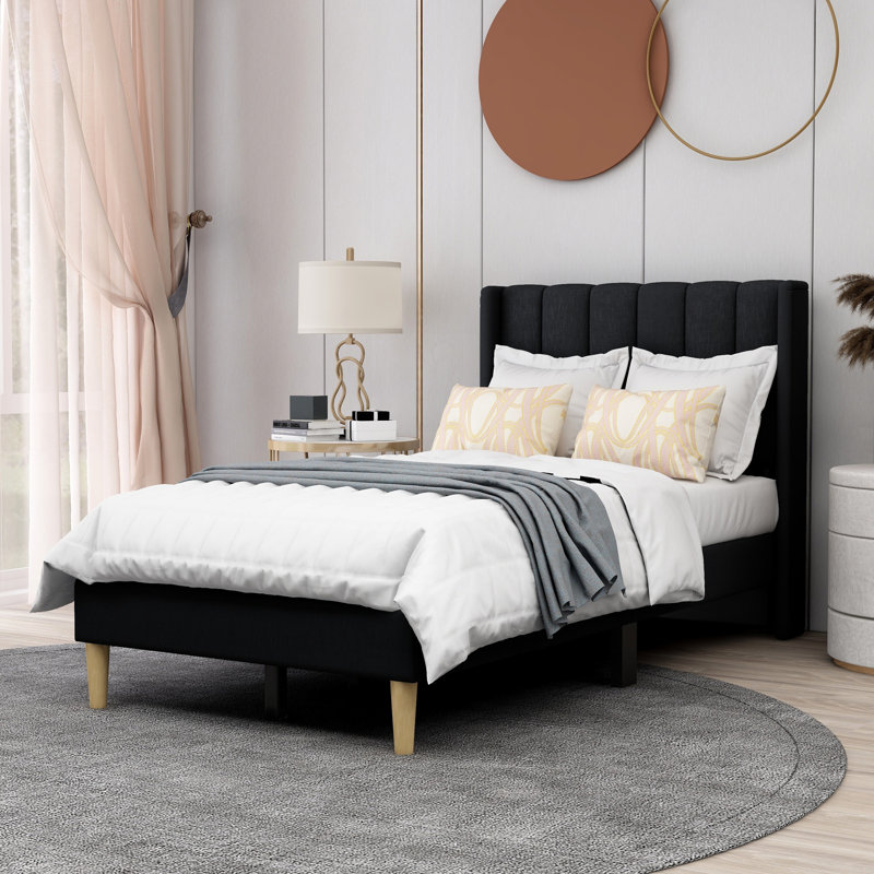 Eriksay Low Profile Upholstered Platform Bed with Wingback Headboard, Twin, New Black Linen