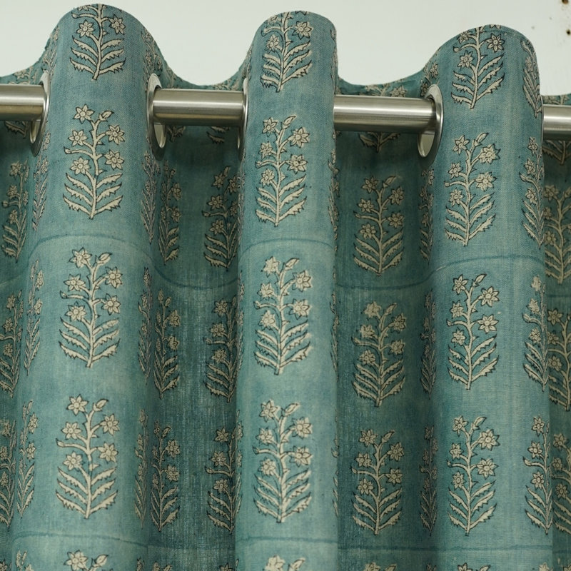 Fabdivine Handmade Floral Block Print Linen Window Gray Eyelet Curtain,Inderdhanush, 29" W x 45" L