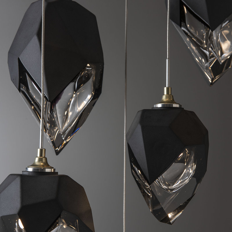 Chrysalis 9 - Light Cluster Geometric Pendant, Black Polished Crystal, Modern Brass, 15" - 80"