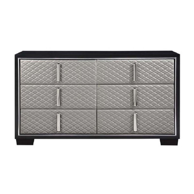 Nicola 6 Drawers  Dresser, Silver Faux Leather & Black Finish
