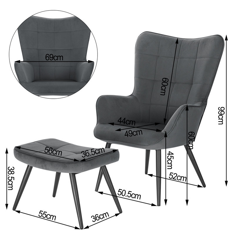 Nevin Velvet Accent Chair with Footstool, Grey