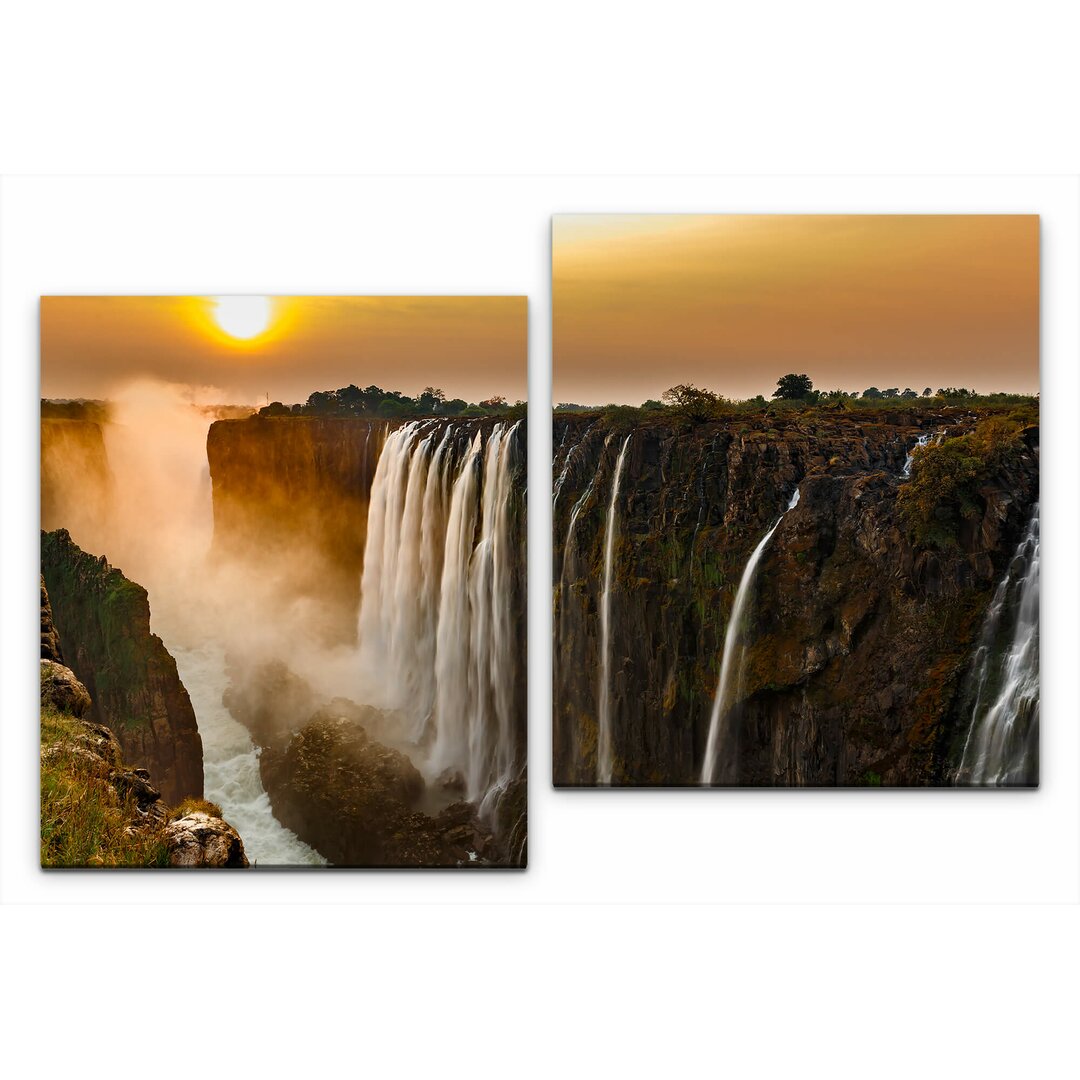 2-tlg. Leinwandbilder-Set Wasserfall mit Sonnenuntergang