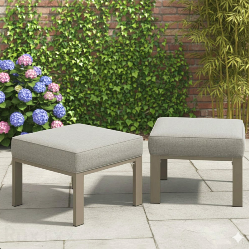 Set Of 2,  22” All-Weather Metal Patio Ottomans Thick Beige Cushions & Khaki Frame, Light Khaki