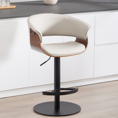 Adjustable Swivel Bar Stool with Back and Footrest, Carbon Steel Base, White Upholstered Seat