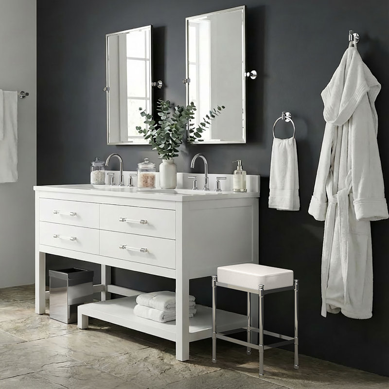 19.50"H Rectangle Vanity Stool with Leather Seat | Leather Ottoman with 3" Cushion, Chrome, White