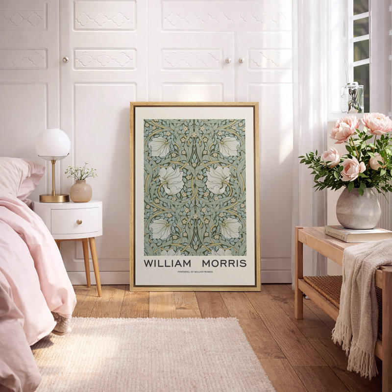 Classical Artwork "William Morris - Green Pimpernel Flower Artwork,  Abstract Floral and Botanical Bathroom Wall Pictures, Large Framed Canvas Giclee Print Wall Art"