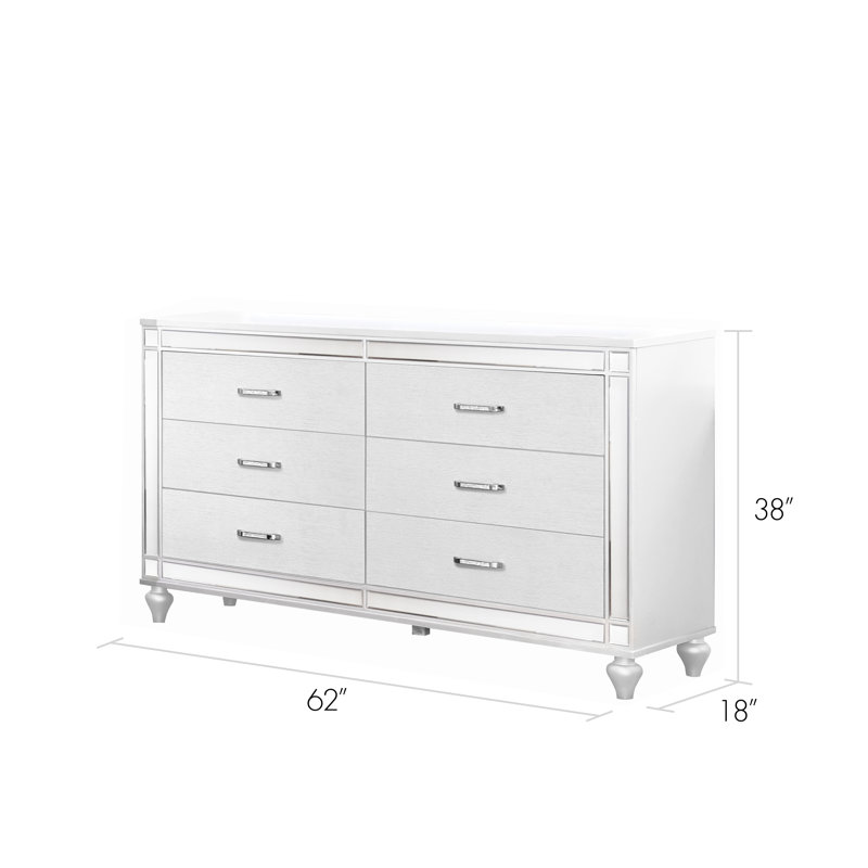 Commode à six tiroirs avec bordure miroir entièrement assemblée, Blanc