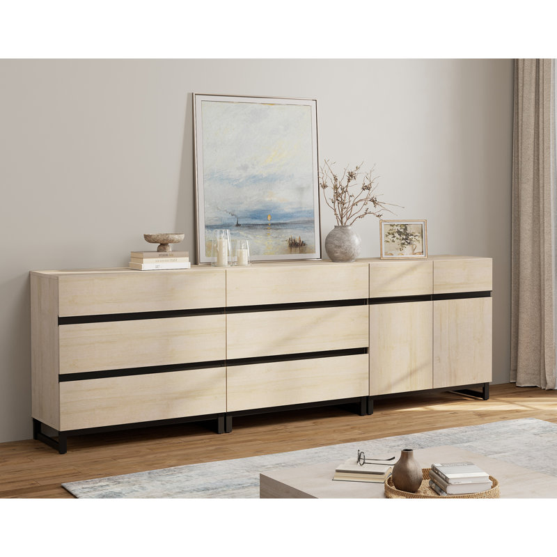 Aadam Wood 6-Drawer Accent Cabinet with Metal Base, Beige