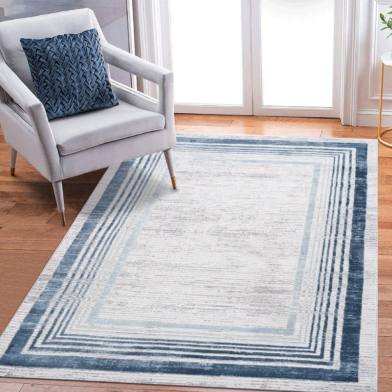 LOOM & LUXE Collection 6 Blue/Ivory/Bordered Non-Shedding Area Rug