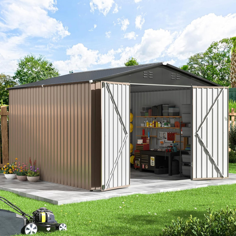 Outdoor Metal Shed Storage with Updated Frame Structure and Lockable Doors, 80.30" H x 119.30" W x 119.30" D