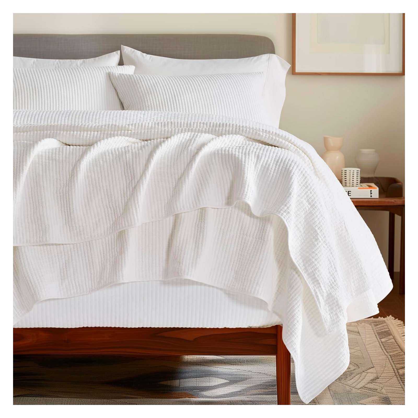 Ribbed Matelassé Cotton Coverlet Set, Ivory White, Queen Quilt + 2 Queen Shams