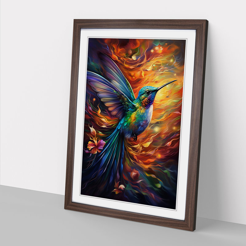 Hummingbird Expressionism - Single Picture Frame Print on Wood, Walnut, 64cm H x 46cm W x 2cm D